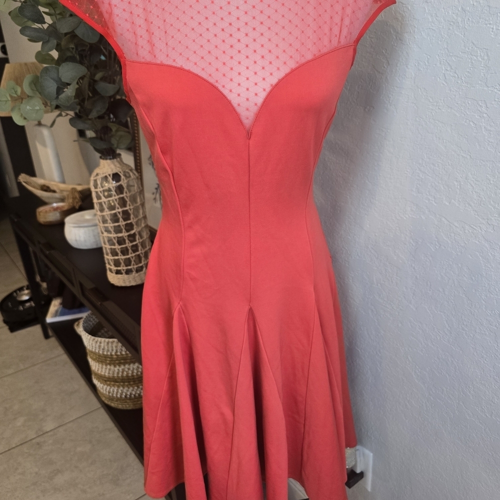 Halston Heritage Vintage Crew Neck With Mesh Accents Red Midi Dress Size M